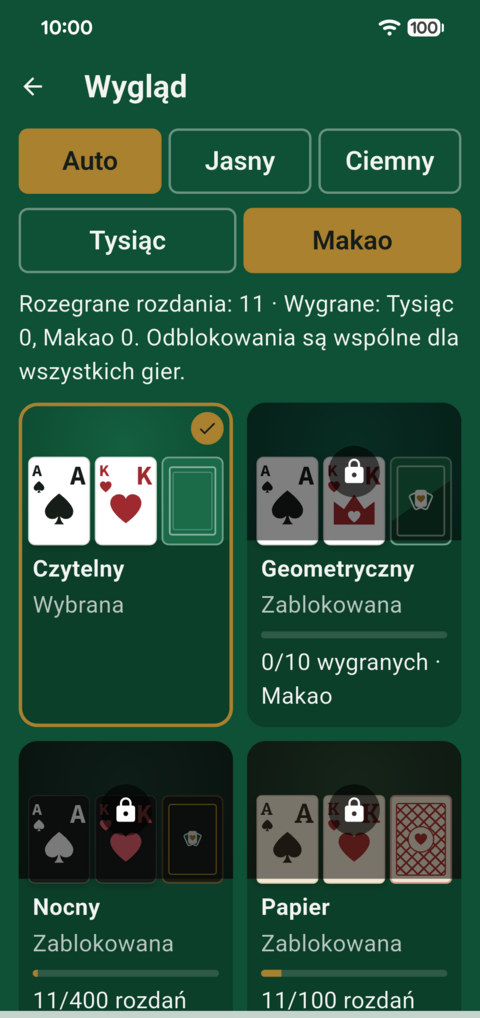 Ekran Wygląd: przełącznik trybu Auto, Jasny i Ciemny, zakładki Tysiąc i Makao, licznik rozegranych rozdań i siatka wzorów kart — wybrany Czytelny, pozostałe zablokowane z paskiem postępu